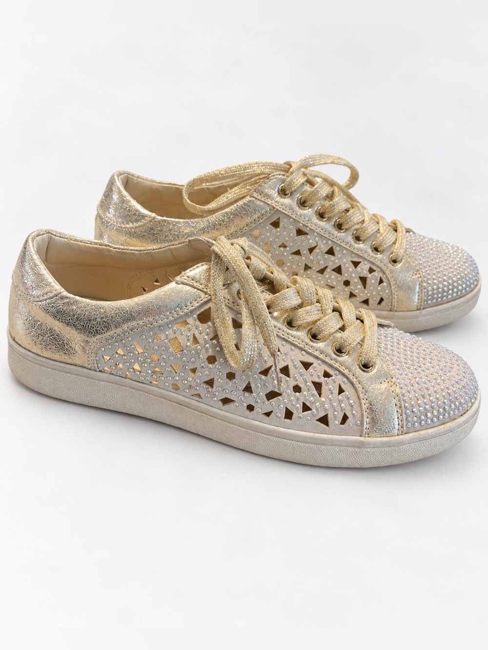 Juicy Couture Gold Metallic Cutout Sneakers with Rhinestone Toe